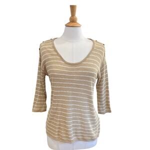 J. Jill Lightweight Linen Blend Stripe 3/4 Sleeve Knit Top Tan White Buttons, S